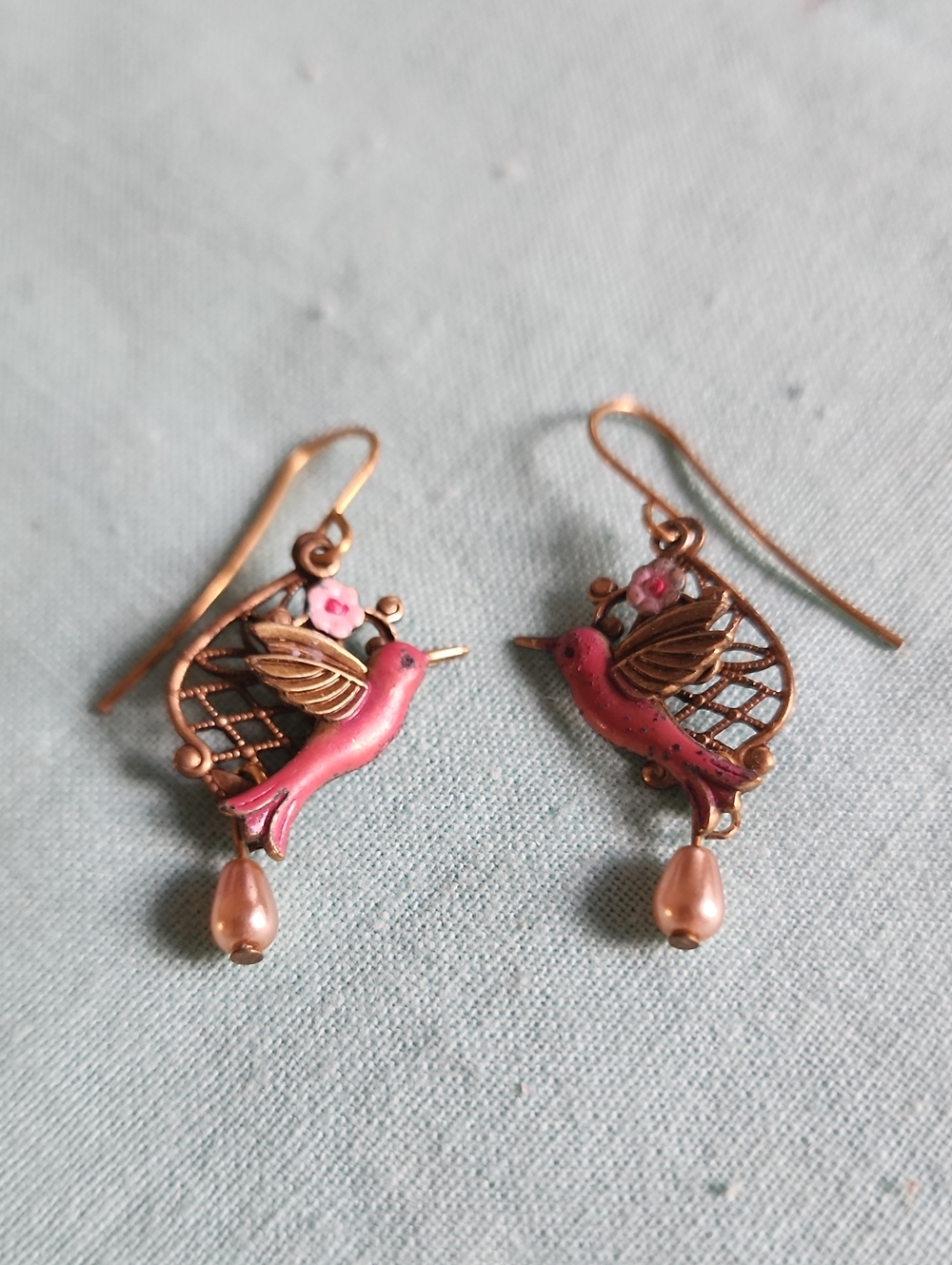 Hand-Painted Pink Hummingbird w/Seed Pearl Dangle Earrings - Vintage-Inspired